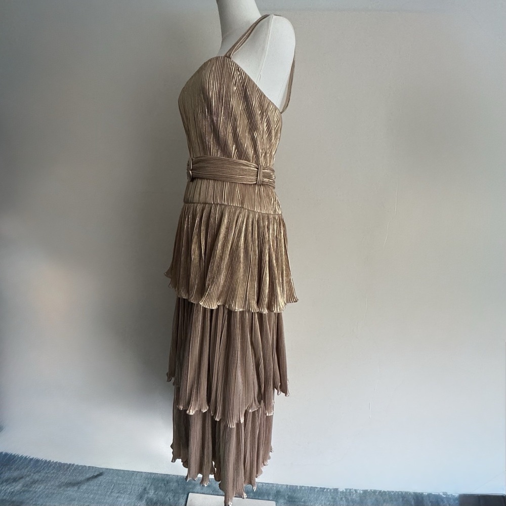NWT Mac Duggal Ieena 27062 Gold Ruffle Tiered Belted Pleated Dress Size 2 Gown - Picture 4 of 16